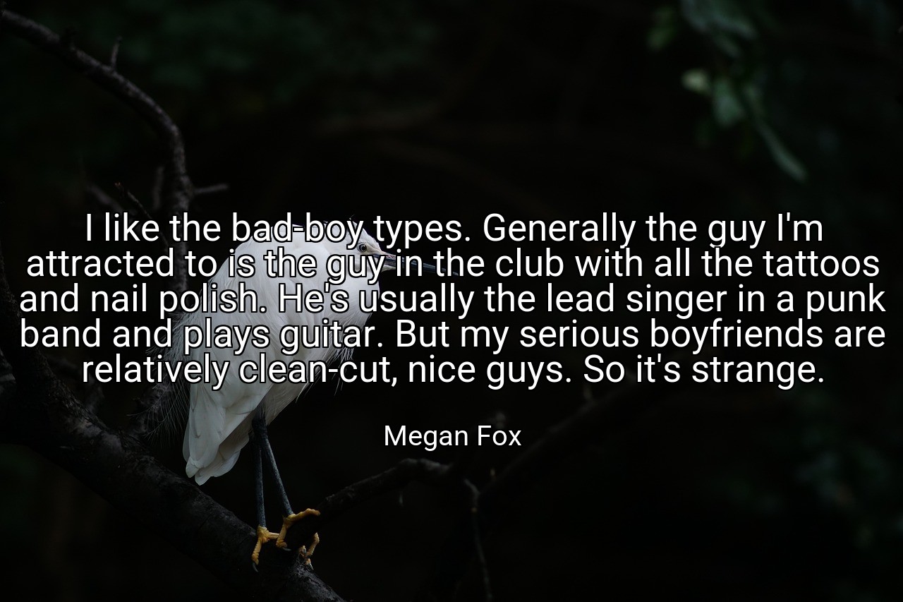 I like the bad-boy types. Generally the guy I'm attracted to is the guy in the club with all the tattoos and nail polish. He's usually the lead singer in a punk band and plays guitar. But my serious boyfriends are relatively clean-cut, nice guys. So it's strange. - Megan Fox