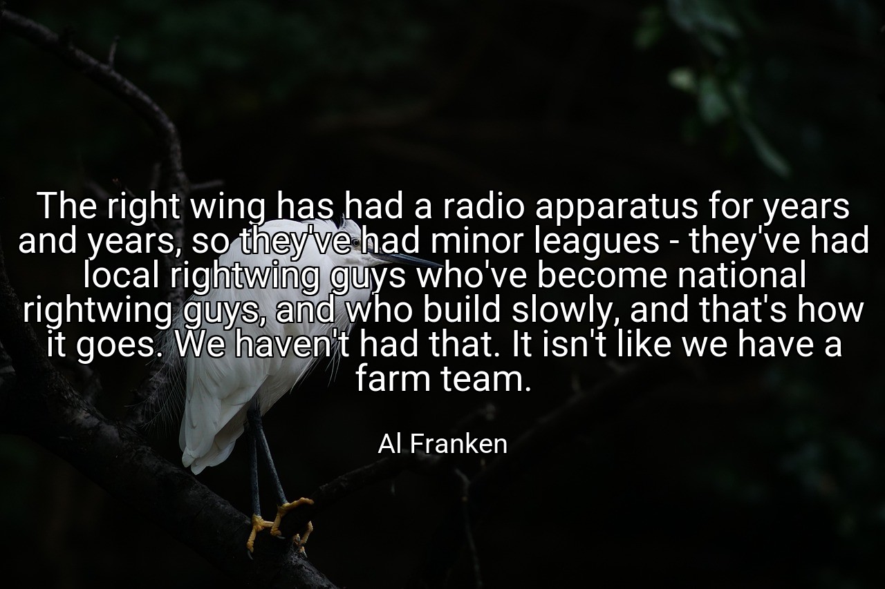 The right wing has had a radio apparatus for years and years, so they've had minor leagues - they've had local rightwing guys who've become national rightwing guys, and who build slowly, and that's how it goes. We haven't had that. It isn't like we have a farm team. - Al Franken