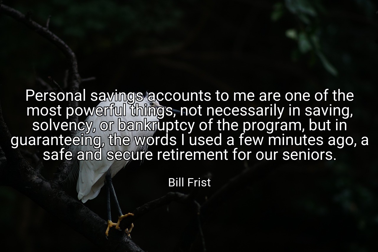 Personal savings accounts to me are one of the most powerful things, not necessarily in saving, solvency, or bankruptcy of the program, but in guaranteeing, the words I used a few minutes ago, a safe and secure retirement for our seniors. - Bill Frist
