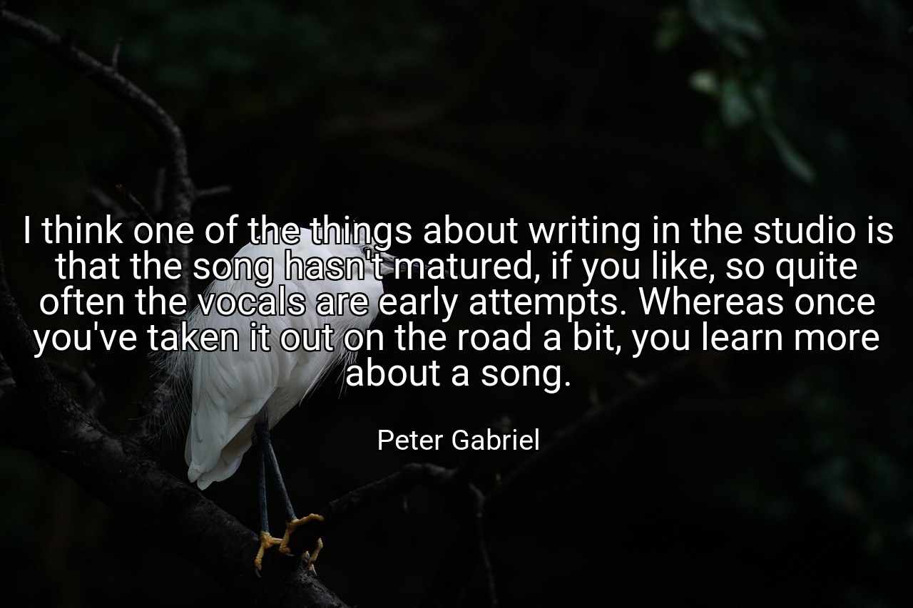 I think one of the things about writing in the studio is that the song hasn't matured, if you like, so quite often the vocals are early attempts. Whereas once you've taken it out on the road a bit, you learn more about a song. - Peter Gabriel
