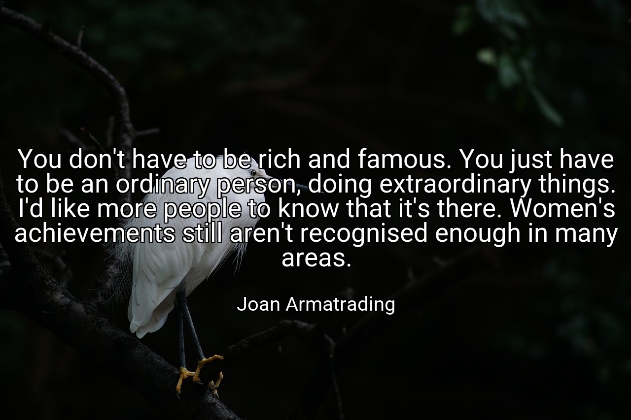 You don't have to be rich and famous. You just have to be an ordinary person, doing extraordinary things. I'd like more people to know that it's there. Women's achievements still aren't recognised enough in many areas. - Joan Armatrading