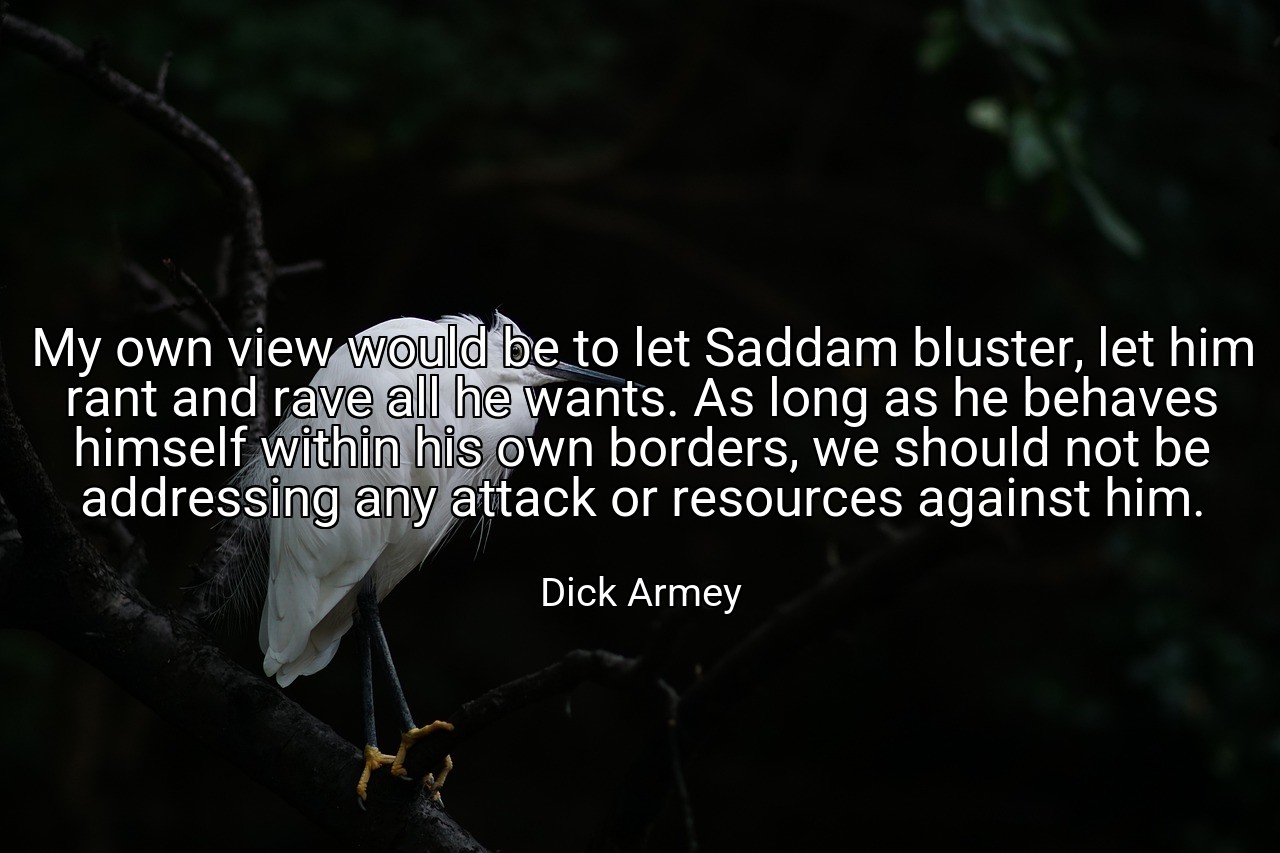 My own view would be to let Saddam bluster, let him rant and rave all he wants. As long as he behaves himself within his own borders, we should not be addressing any attack or resources against him. - Dick Armey