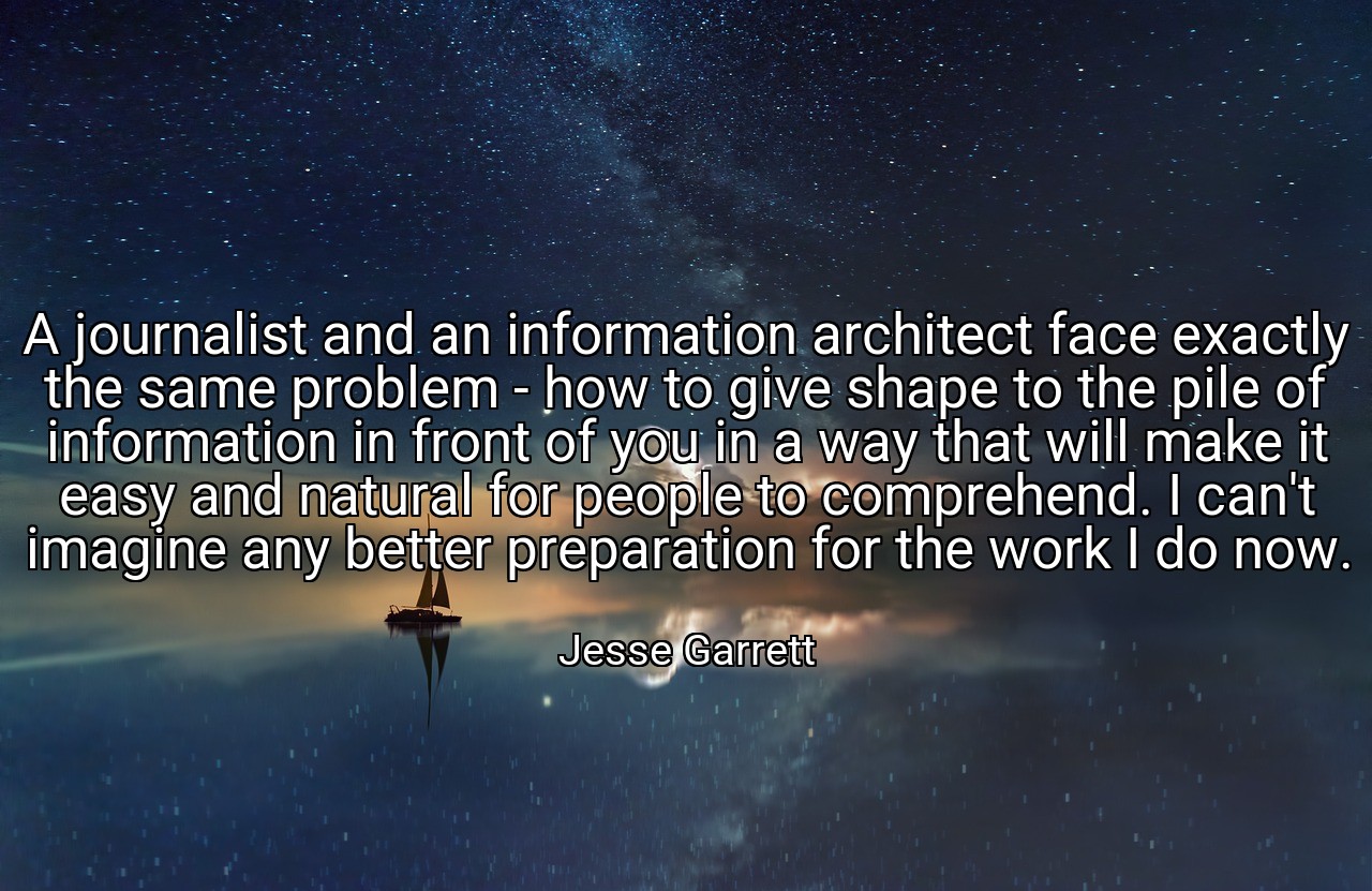 A journalist and an information architect face exactly the same problem - how to give shape to the pile of information in front of you in a way that will make it easy and natural for people to comprehend. I can't imagine any better preparation for the work I do now. - Jesse Garrett