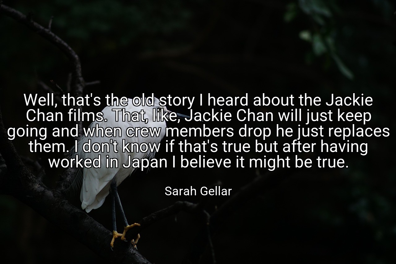Well, that's the old story I heard about the Jackie Chan films. That, like, Jackie Chan will just keep going and when crew members drop he just replaces them. I don't know if that's true but after having worked in Japan I believe it might be true. - Sarah Gellar