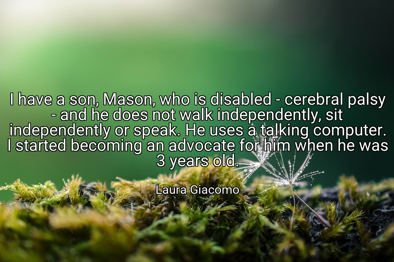 I have a son, Mason, who is disabled - cerebral palsy - and he does not walk independently, sit independently or speak. He uses a talking computer. I started becoming an advocate for him when he was 3 years old. - Laura Giacomo
