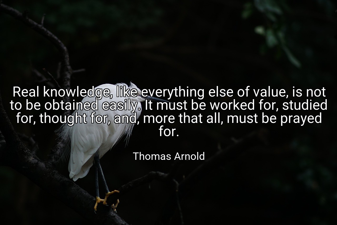 Real knowledge, like everything else of value, is not to be obtained easily. It must be worked for, studied for, thought for, and, more that all, must be prayed for. - Thomas Arnold