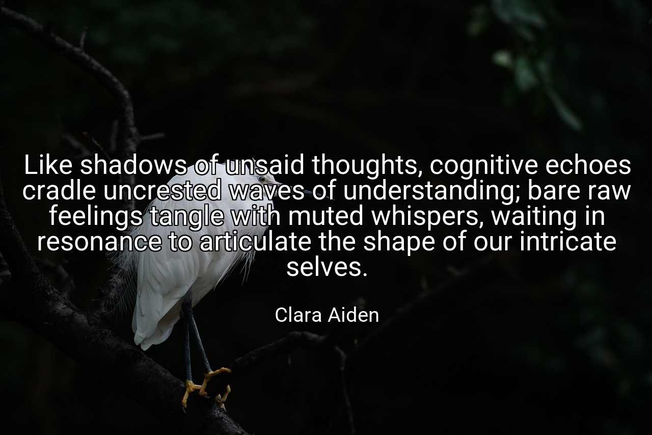 Like shadows of unsaid thoughts, cognitive echoes cradle uncrested waves of understanding; bare raw feelings tangle with muted whispers, waiting in resonance to articulate the shape of our intricate selves. - Clara Aiden