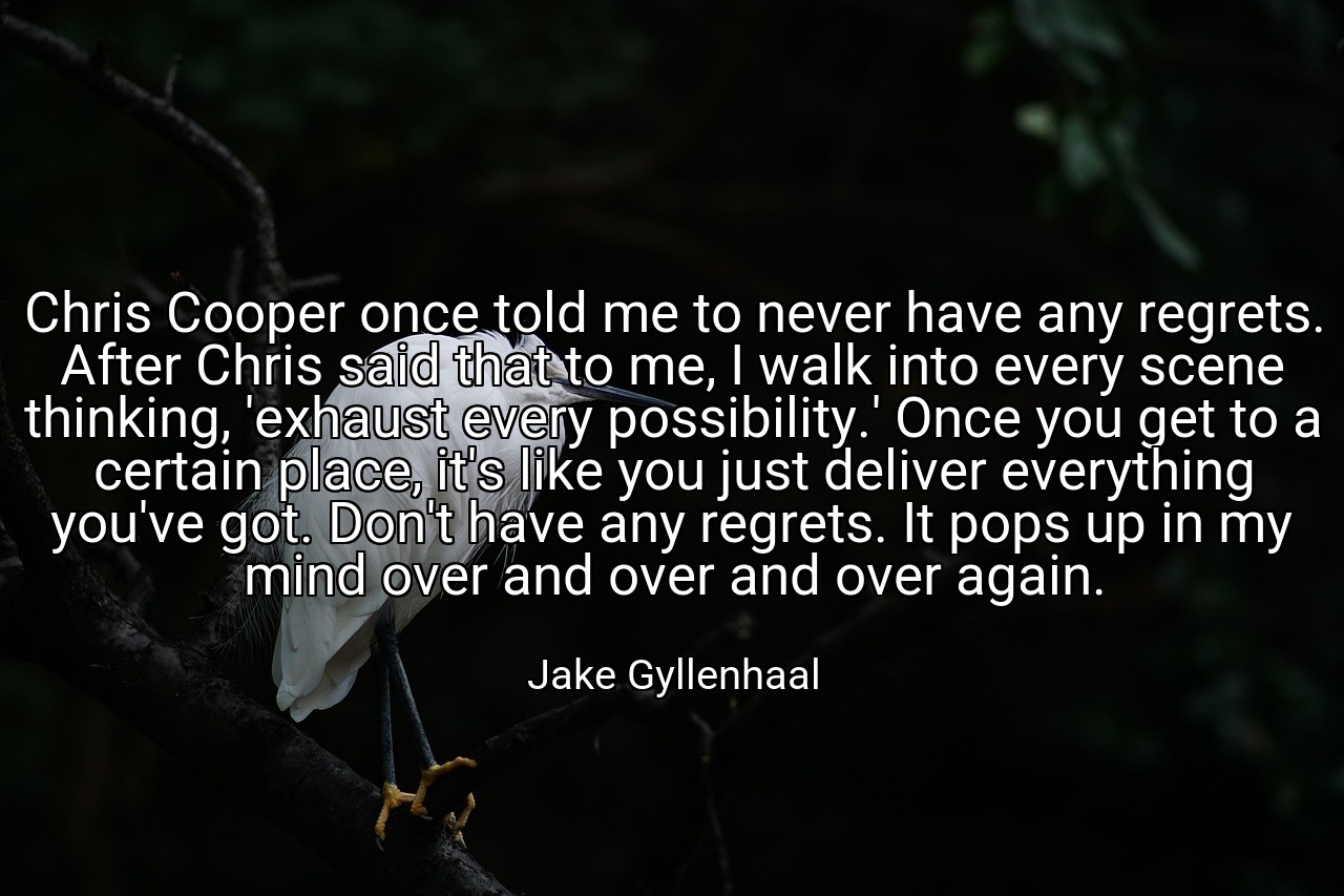 Chris Cooper once told me to never have any regrets. After Chris said that to me, I walk into every scene thinking, 'exhaust every possibility.' Once you get to a certain place, it's like you just deliver everything you've got. Don't have any regrets. It pops up in my mind over and over and over again. - Jake Gyllenhaal