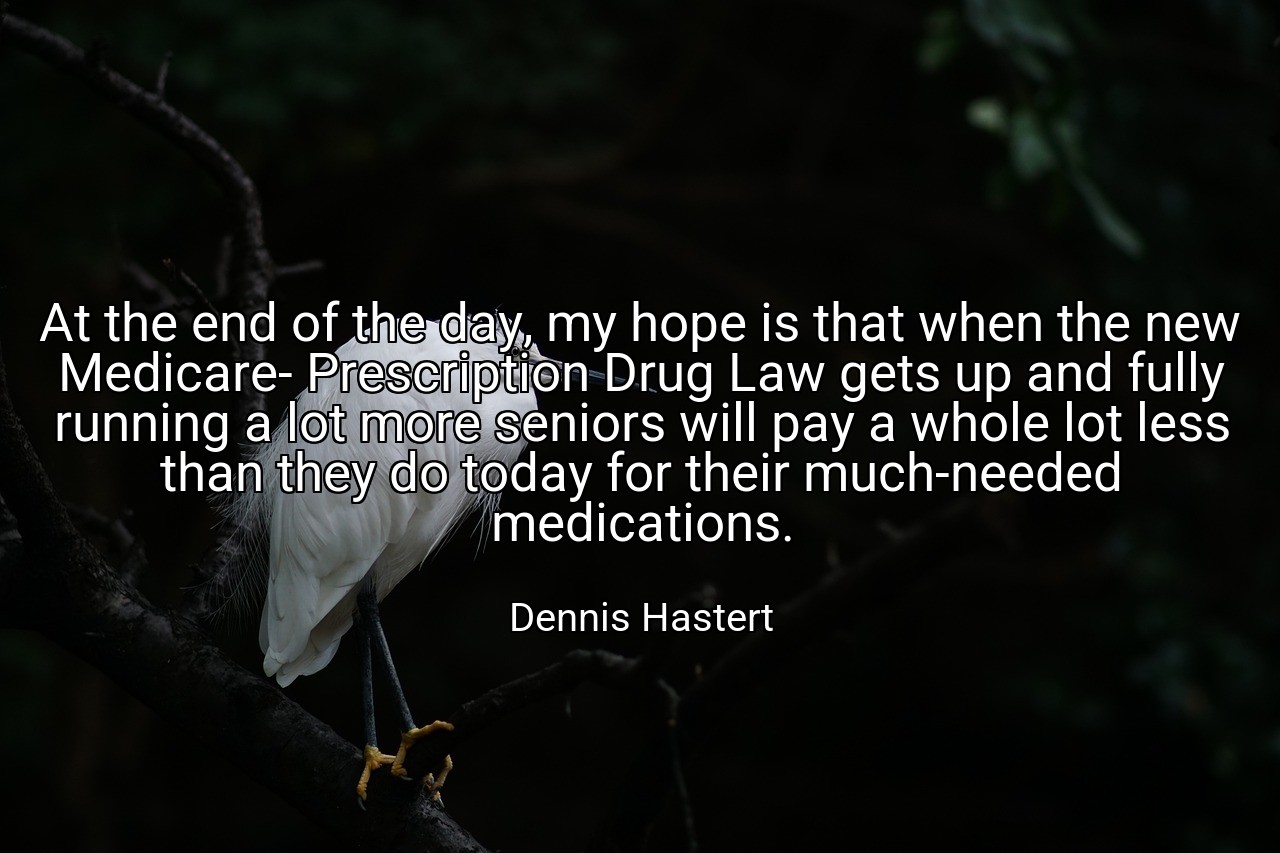 At the end of the day, my hope is that when the new Medicare- Prescription Drug Law gets up and fully running a lot more seniors will pay a whole lot less than they do today for their much-needed medications. - Dennis Hastert