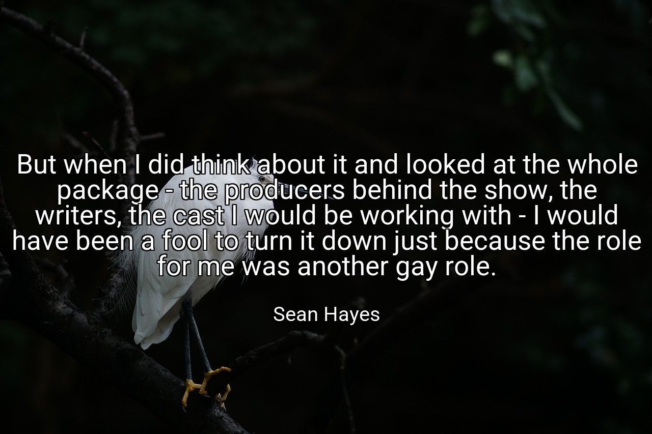 But when I did think about it and looked at the whole package - the producers behind the show, the writers, the cast I would be working with - I would have been a fool to turn it down just because the role for me was another gay role. - Sean Hayes