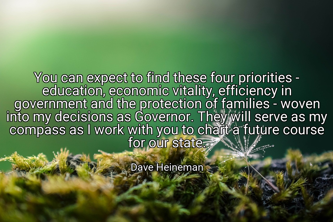 You can expect to find these four priorities - education, economic vitality, efficiency in government and the protection of families - woven into my decisions as Governor. They will serve as my compass as I work with you to chart a future course for our state. - Dave Heineman