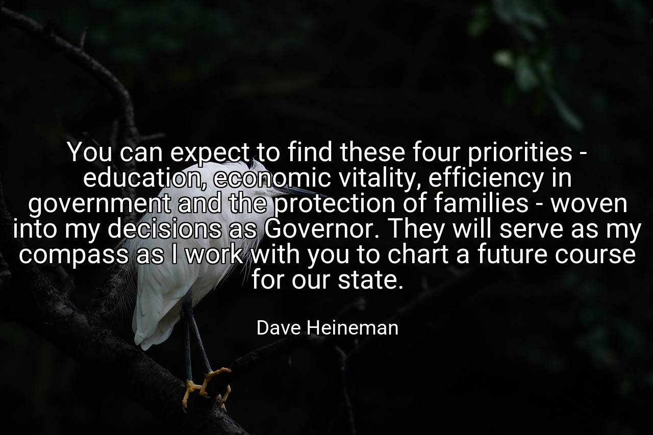 You can expect to find these four priorities - education, economic vitality, efficiency in government and the protection of families - woven into my decisions as Governor. They will serve as my compass as I work with you to chart a future course for our state. - Dave Heineman
