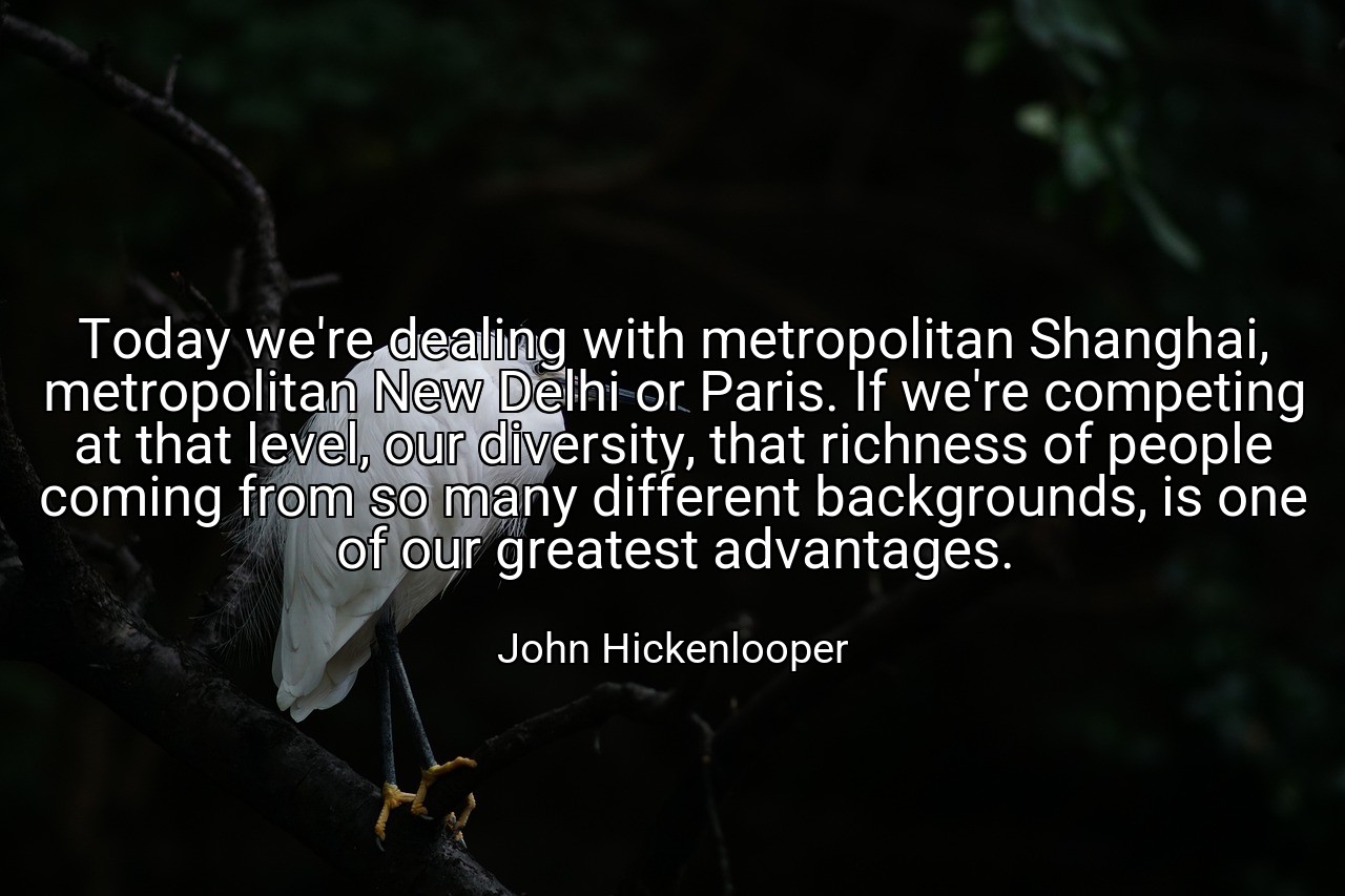 Today we're dealing with metropolitan Shanghai, metropolitan New Delhi or Paris. If we're competing at that level, our diversity, that richness of people coming from so many different backgrounds, is one of our greatest advantages. - John Hickenlooper