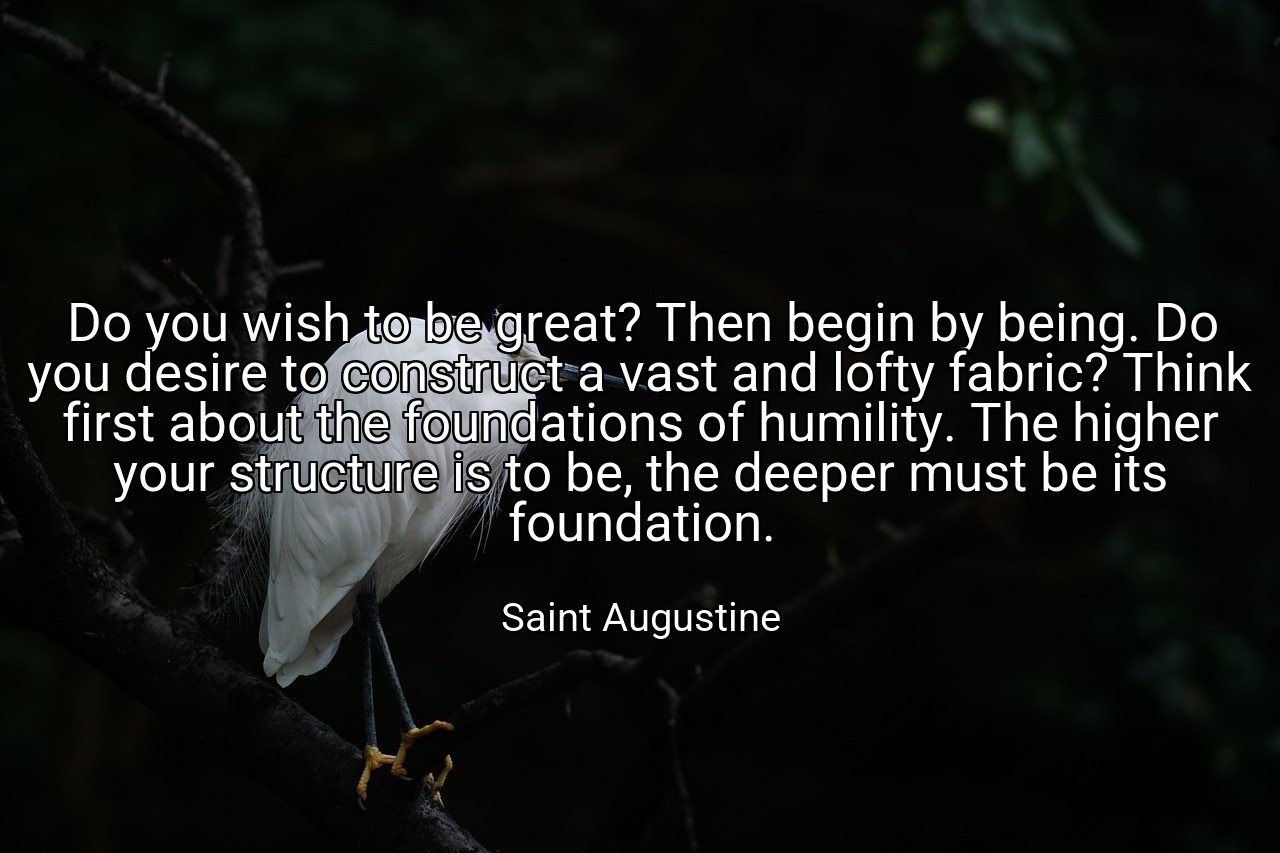 Do you wish to be great? Then begin by being. Do you desire to construct a vast and lofty fabric? Think first about the foundations of humility. The higher your structure is to be, the deeper must be its foundation. - Saint Augustine