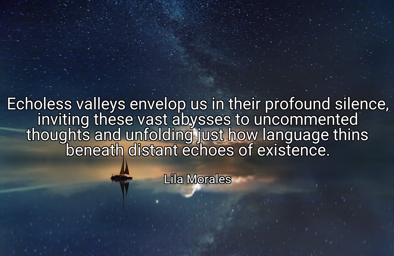 Echoless valleys envelop us in their profound silence, inviting these vast abysses to uncommented thoughts and unfolding just how language thins beneath distant echoes of existence. - Lila Morales