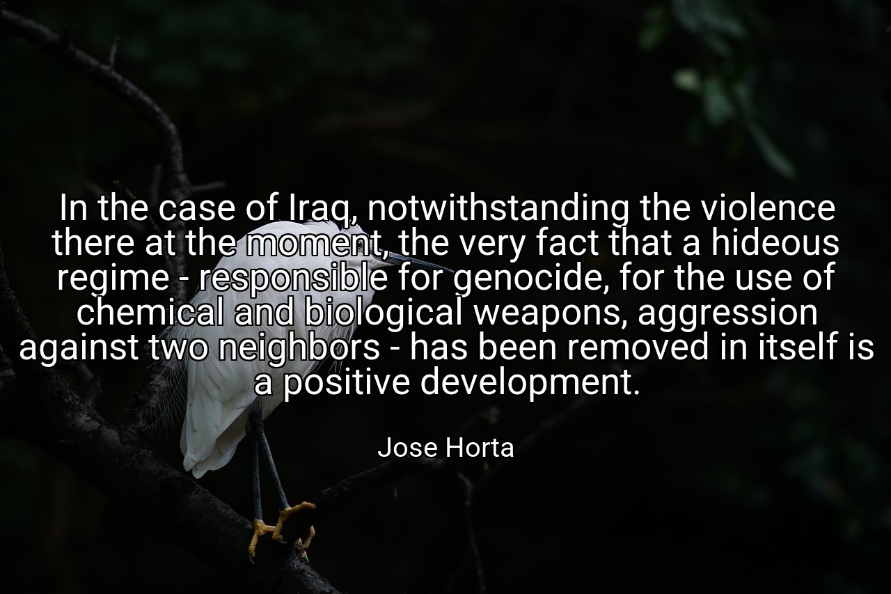 In the case of Iraq, notwithstanding the violence there at the moment, the very fact that a hideous regime - responsible for genocide, for the use of chemical and biological weapons, aggression against two neighbors - has been removed in itself is a positive development. - Jose Horta