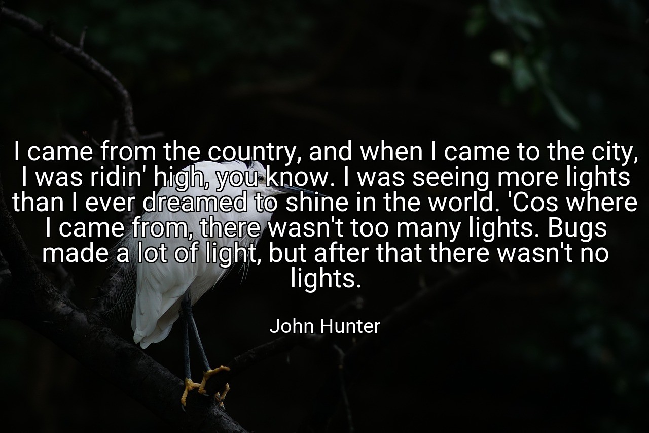 I came from the country, and when I came to the city, I was ridin' high, you know. I was seeing more lights than I ever dreamed to shine in the world. 'Cos where I came from, there wasn't too many lights. Bugs made a lot of light, but after that there wasn't no lights. - John Hunter