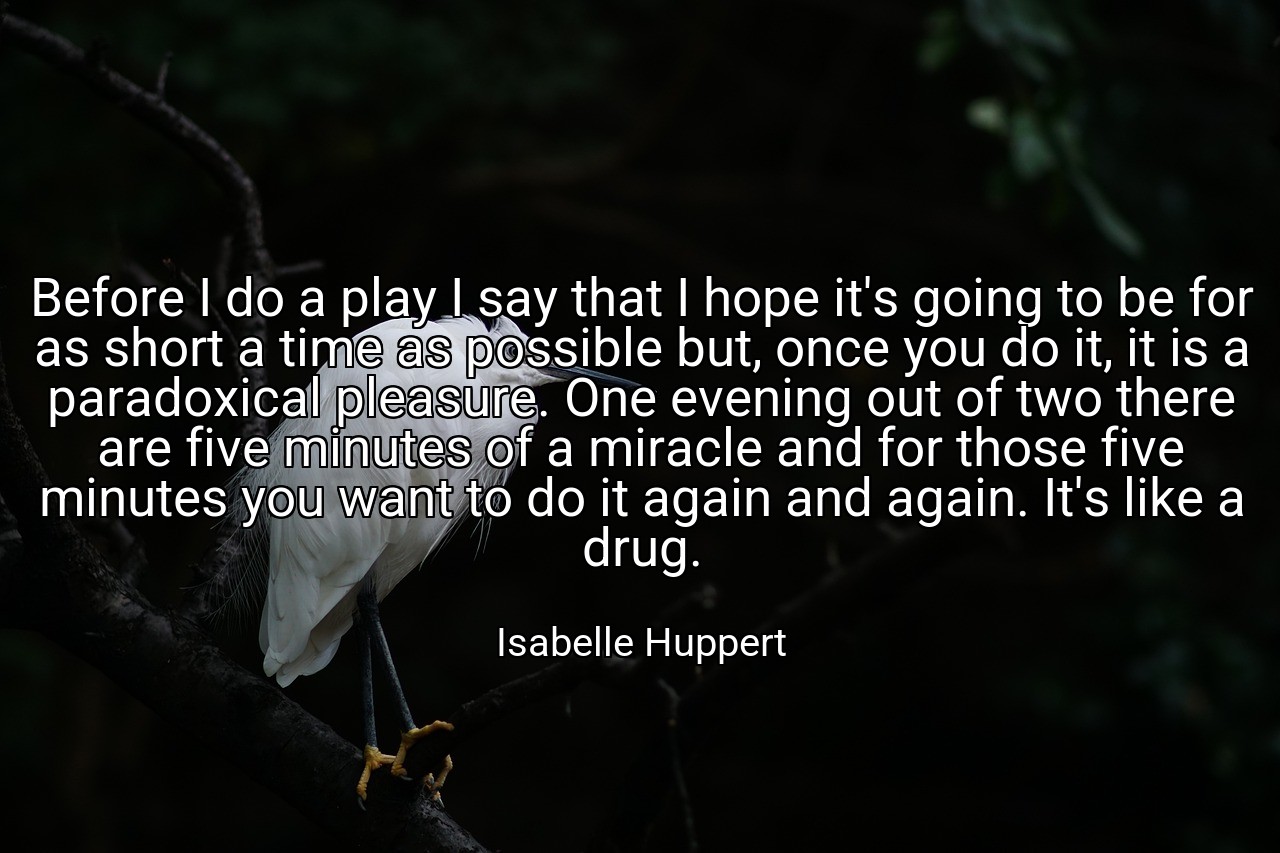Before I do a play I say that I hope it's going to be for as short a time as possible but, once you do it, it is a paradoxical pleasure. One evening out of two there are five minutes of a miracle and for those five minutes you want to do it again and again. It's like a drug. - Isabelle Huppert