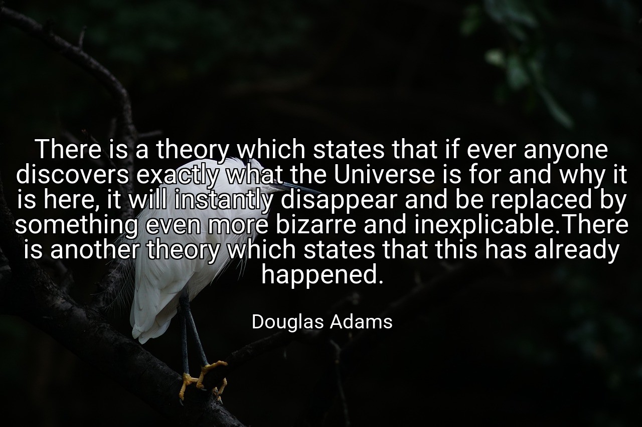 There is a theory which states that if ever anyone discovers exactly what the Universe is for and why it is here, it will instantly disappear and be replaced by something even more bizarre and inexplicable.There is another theory which states that this has already happened. - Douglas Adams