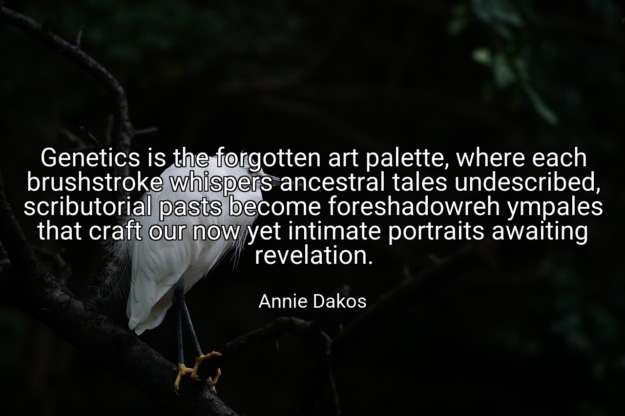 Genetics is the forgotten art palette, where each brushstroke whispers ancestral tales undescribed, scributorial pasts become foreshadowreh ympales that craft our now yet intimate portraits awaiting revelation. - Annie Dakos