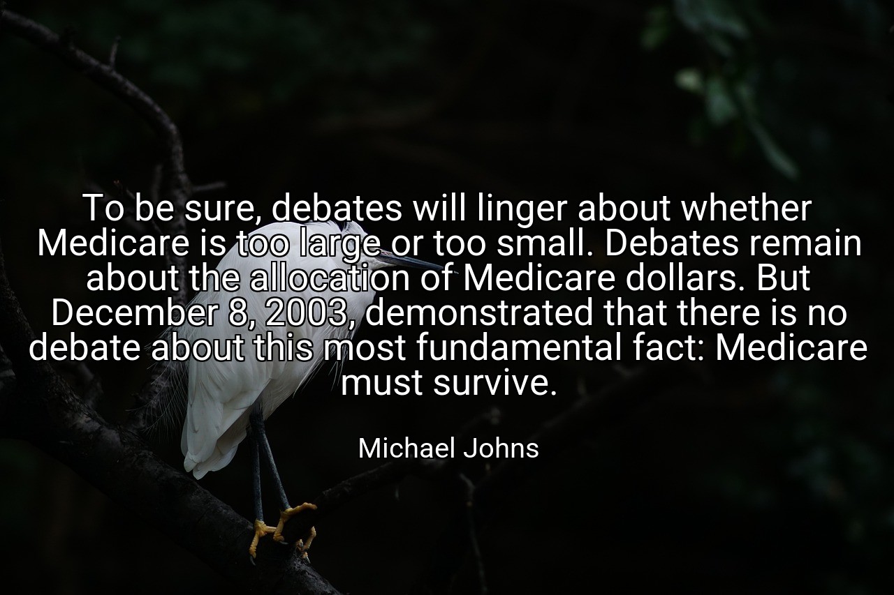 To be sure, debates will linger about whether Medicare is too large or too small. Debates remain about the allocation of Medicare dollars. But December 8, 2003, demonstrated that there is no debate about this most fundamental fact: Medicare must survive. - Michael Johns