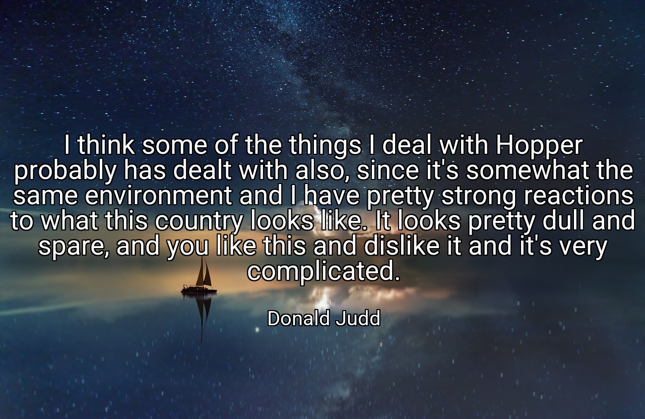 I think some of the things I deal with Hopper probably has dealt with also, since it's somewhat the same environment and I have pretty strong reactions to what this country looks like. It looks pretty dull and spare, and you like this and dislike it and it's very complicated. - Donald Judd