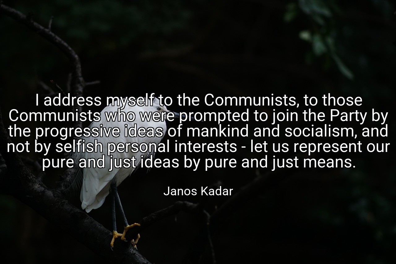 I address myself to the Communists, to those Communists who were prompted to join the Party by the progressive ideas of mankind and socialism, and not by selfish personal interests - let us represent our pure and just ideas by pure and just means. - Janos Kadar