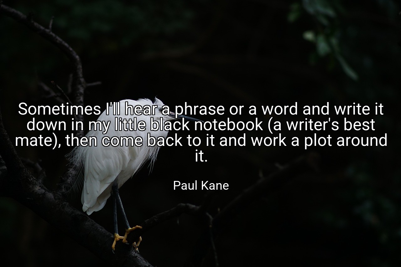 Sometimes I'll hear a phrase or a word and write it down in my little black notebook (a writer's best mate), then come back to it and work a plot around it. - Paul Kane