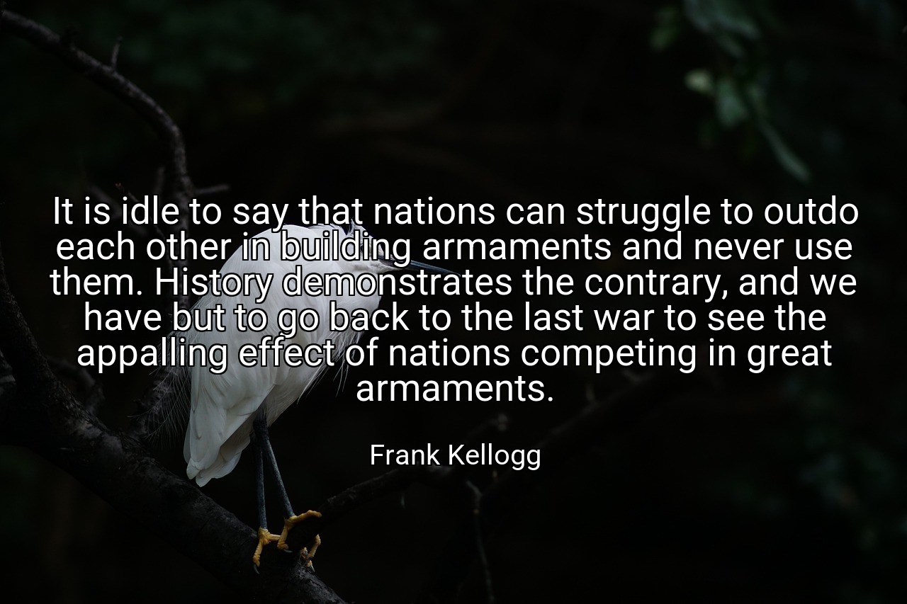 It is idle to say that nations can struggle to outdo each other in building armaments and never use them. History demonstrates the contrary, and we have but to go back to the last war to see the appalling effect of nations competing in great armaments. - Frank Kellogg
