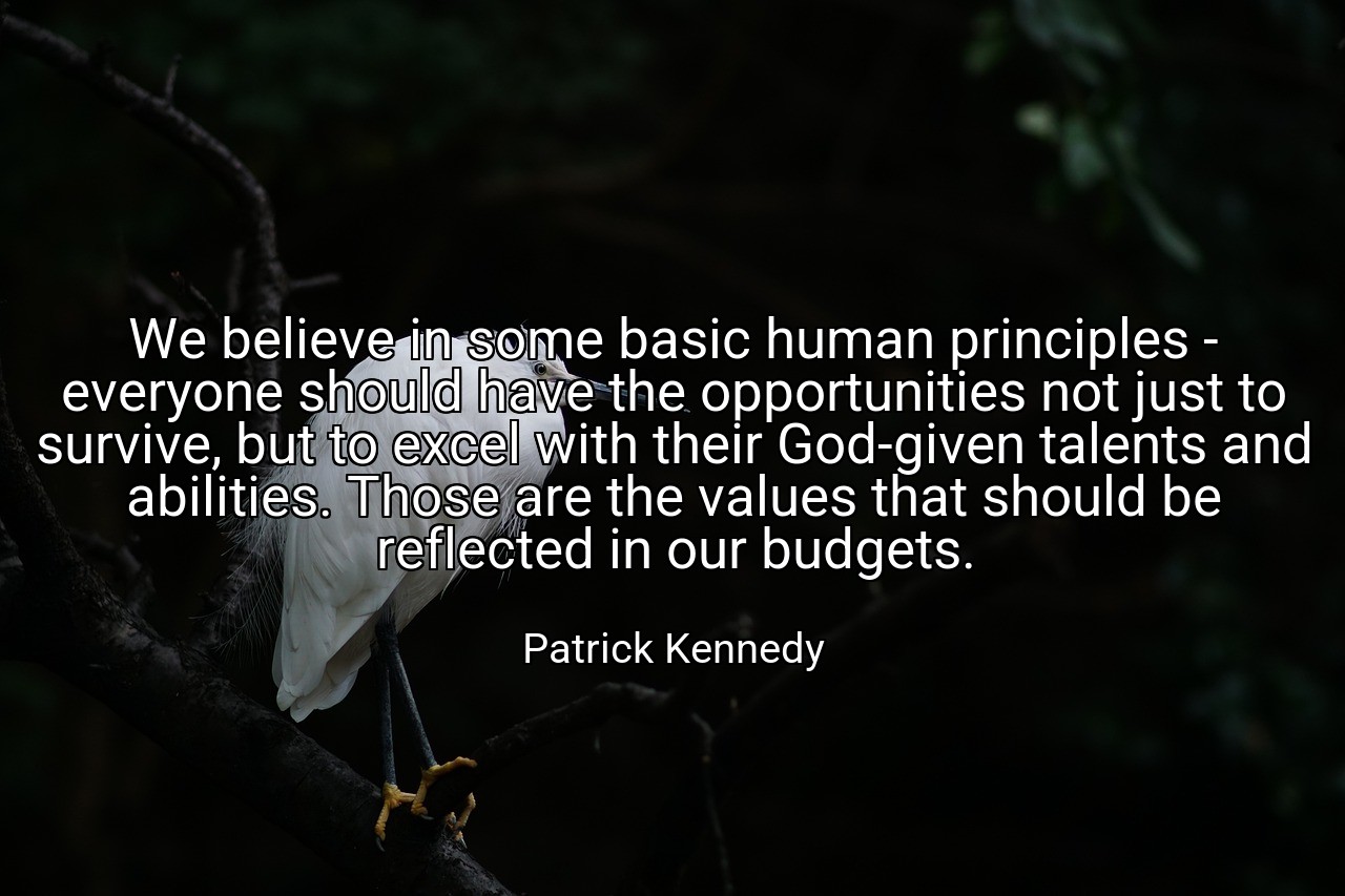 We believe in some basic human principles - everyone should have the opportunities not just to survive, but to excel with their God-given talents and abilities. Those are the values that should be reflected in our budgets. - Patrick Kennedy