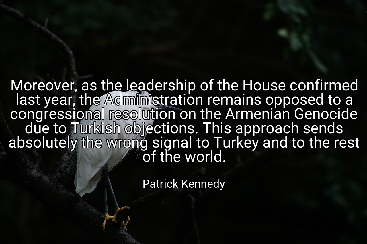 Moreover, as the leadership of the House confirmed last year, the Administration remains opposed to a congressional resolution on the Armenian Genocide due to Turkish objections. This approach sends absolutely the wrong signal to Turkey and to the rest of the world. - Patrick Kennedy