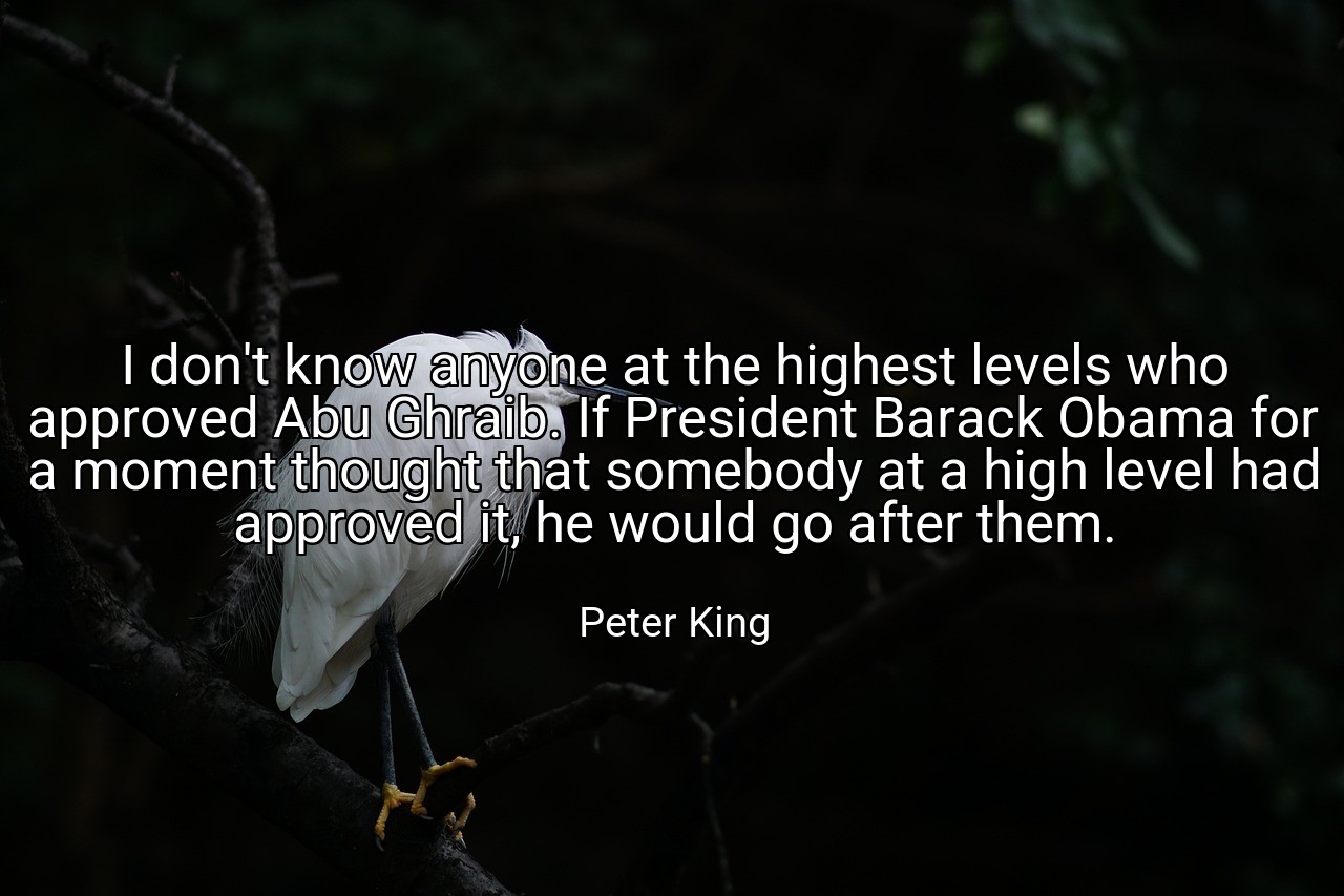 I don't know anyone at the highest levels who approved Abu Ghraib. If President Barack Obama for a moment thought that somebody at a high level had approved it, he would go after them. - Peter King