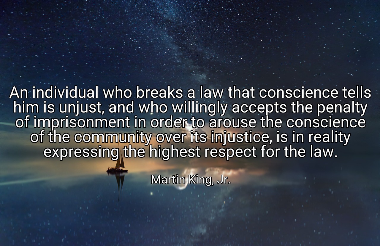 An individual who breaks a law that conscience tells him is unjust, and who willingly accepts the penalty of imprisonment in order to arouse the conscience of the community over its injustice, is in reality expressing the highest respect for the law. - Martin King, Jr.