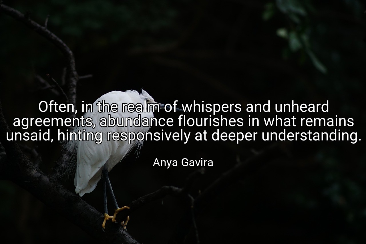 Often, in the realm of whispers and unheard agreements, abundance flourishes in what remains unsaid, hinting responsively at deeper understanding. - Anya Gavira