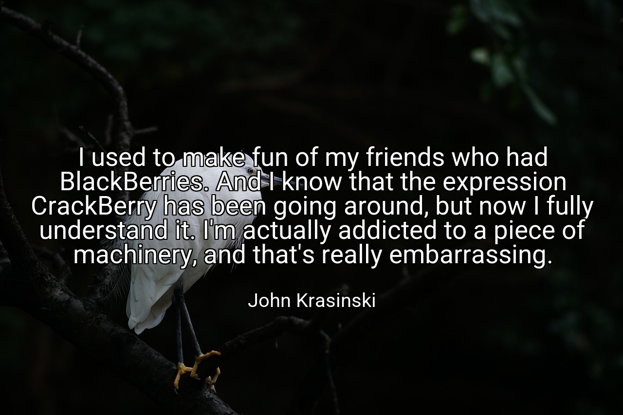 I used to make fun of my friends who had BlackBerries. And I know that the expression CrackBerry has been going around, but now I fully understand it. I'm actually addicted to a piece of machinery, and that's really embarrassing. - John Krasinski