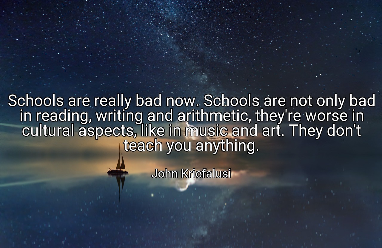Schools are really bad now. Schools are not only bad in reading, writing and arithmetic, they're worse in cultural aspects, like in music and art. They don't teach you anything. - John Kricfalusi