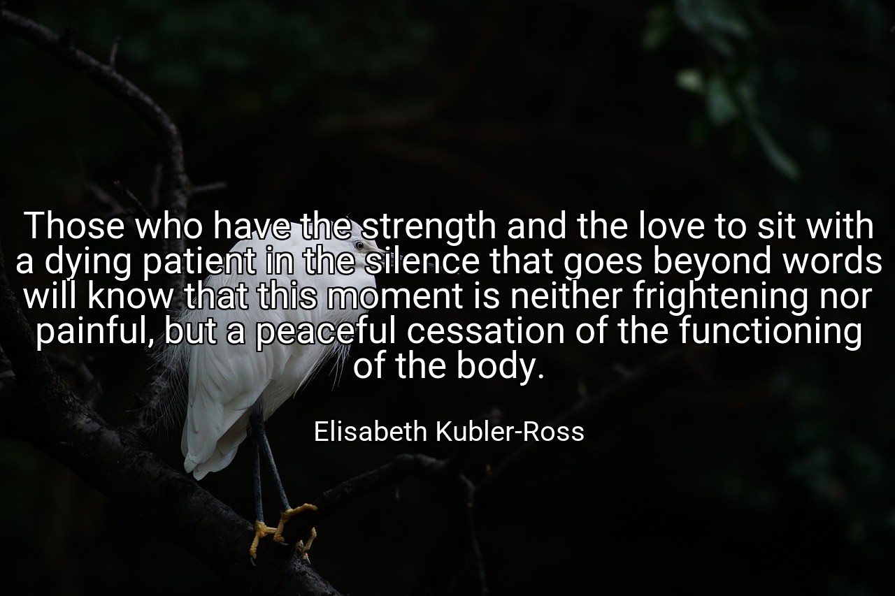 Those who have the strength and the love to sit with a dying patient in the silence that goes beyond words will know that this moment is neither frightening nor painful, but a peaceful cessation of the functioning of the body. - Elisabeth Kubler-Ross