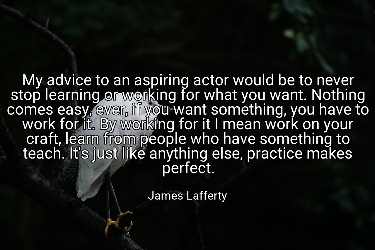 My advice to an aspiring actor would be to never stop learning or working for what you want. Nothing comes easy, ever, if you want something, you have to work for it. By working for it I mean work on your craft, learn from people who have something to teach. It's just like anything else, practice makes perfect. - James Lafferty