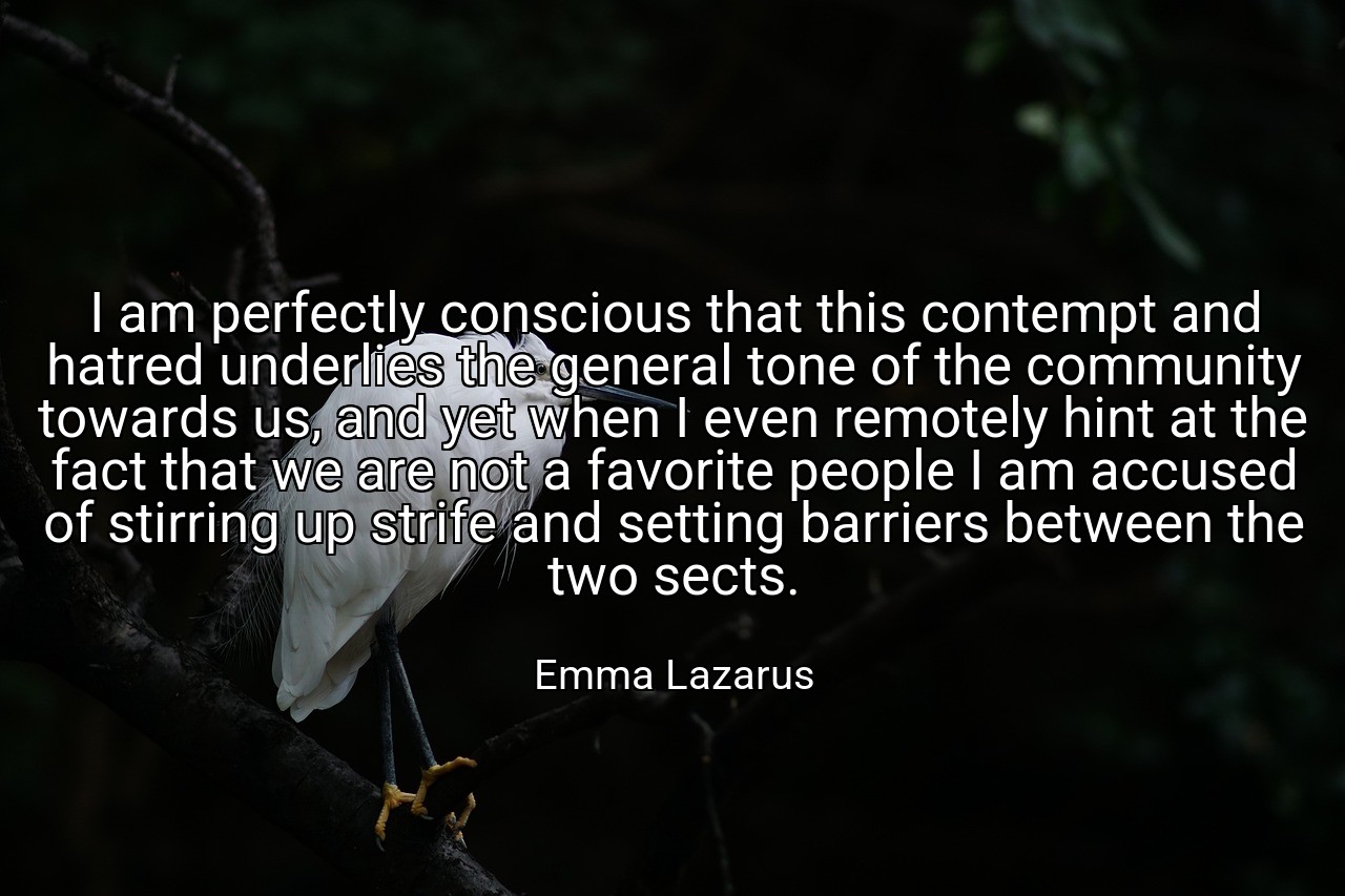 I am perfectly conscious that this contempt and hatred underlies the general tone of the community towards us, and yet when I even remotely hint at the fact that we are not a favorite people I am accused of stirring up strife and setting barriers between the two sects. - Emma Lazarus