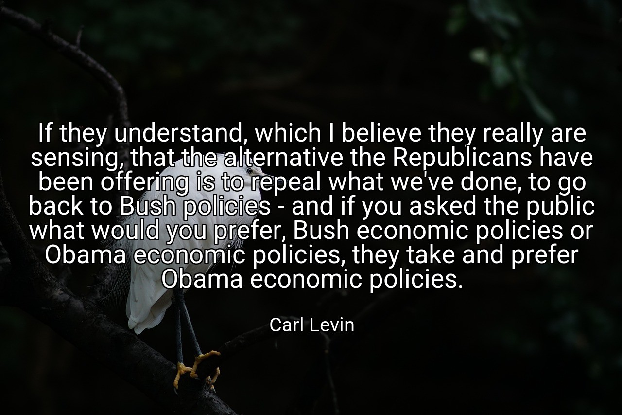 If they understand, which I believe they really are sensing, that the alternative the Republicans have been offering is to repeal what we've done, to go back to Bush policies - and if you asked the public what would you prefer, Bush economic policies or Obama economic policies, they take and prefer Obama economic policies. - Carl Levin