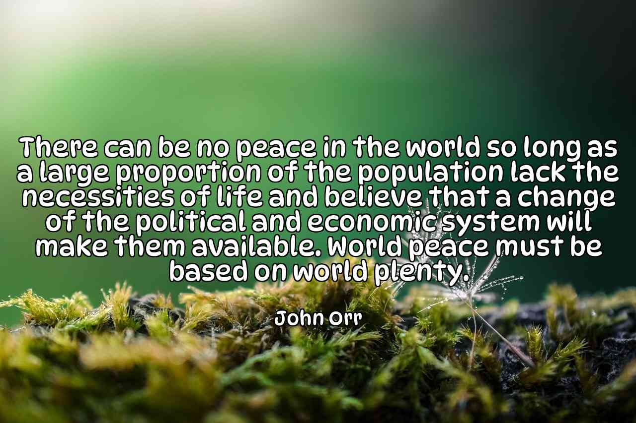 There can be no peace in the world so long as a large proportion of the population lack the necessities of life and believe that a change of the political and economic system will make them available. World peace must be based on world plenty. - John Orr