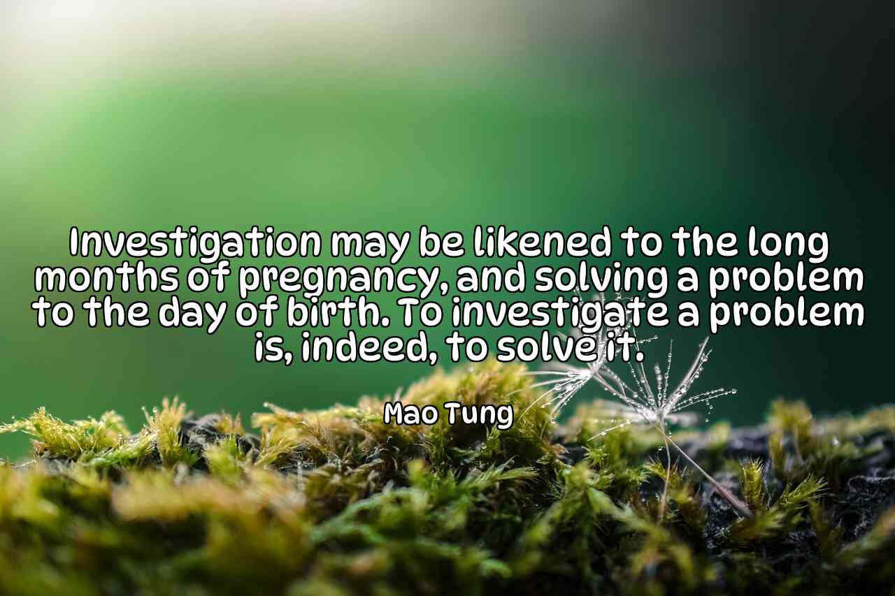 Investigation may be likened to the long months of pregnancy, and solving a problem to the day of birth. To investigate a problem is, indeed, to solve it. - Mao Tung