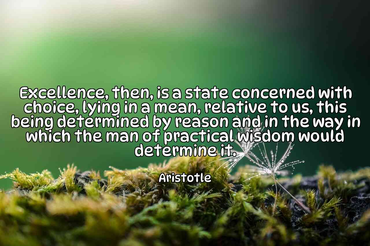 Excellence, then, is a state concerned with choice, lying in a mean, relative to us, this being determined by reason and in the way in which the man of practical wisdom would determine it. - Aristotle