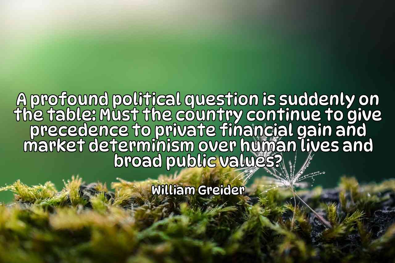 A profound political question is suddenly on the table: Must the country continue to give precedence to private financial gain and market determinism over human lives and broad public values? - William Greider