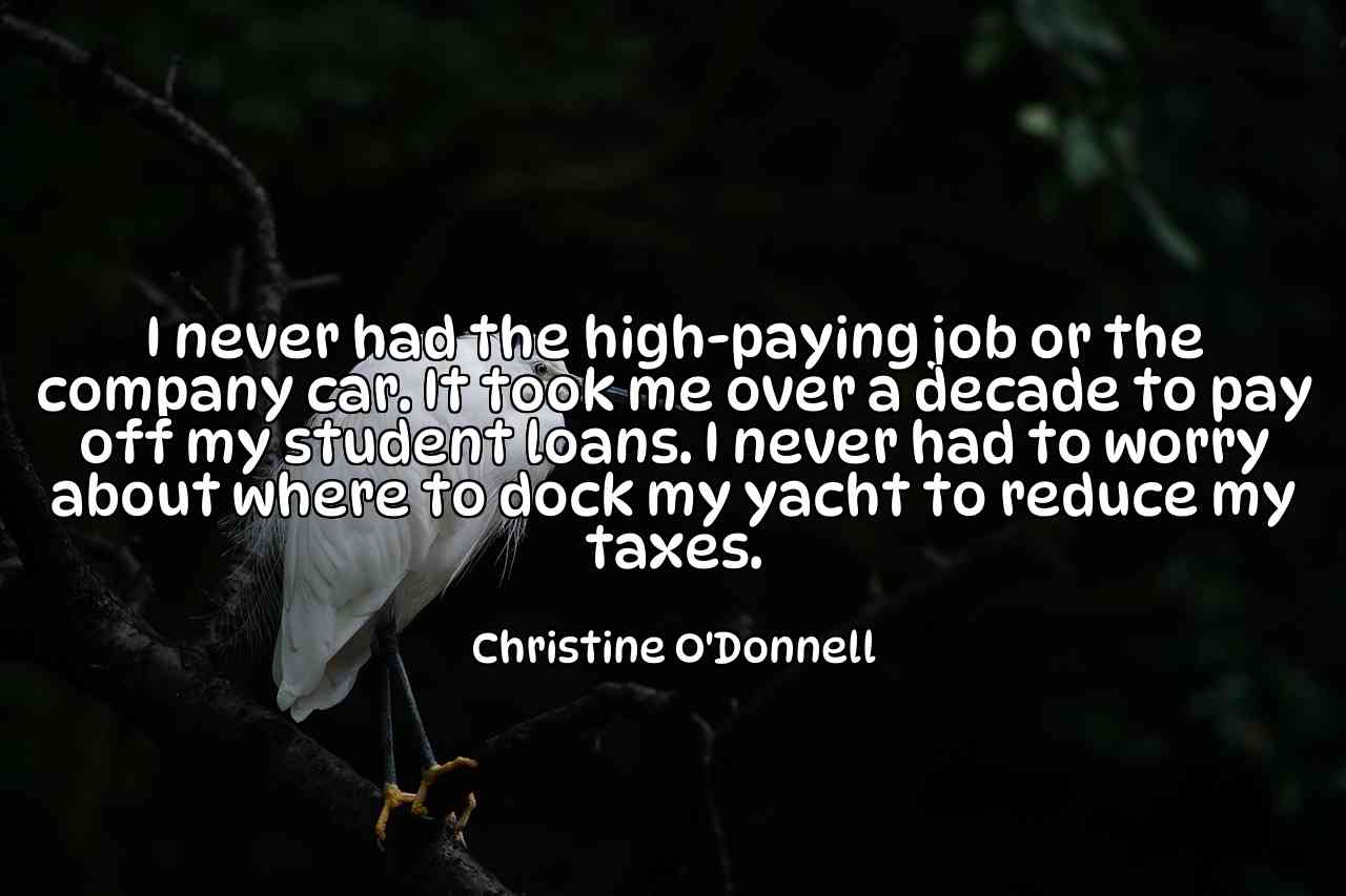 I never had the high-paying job or the company car. It took me over a decade to pay off my student loans. I never had to worry about where to dock my yacht to reduce my taxes. - Christine O'Donnell