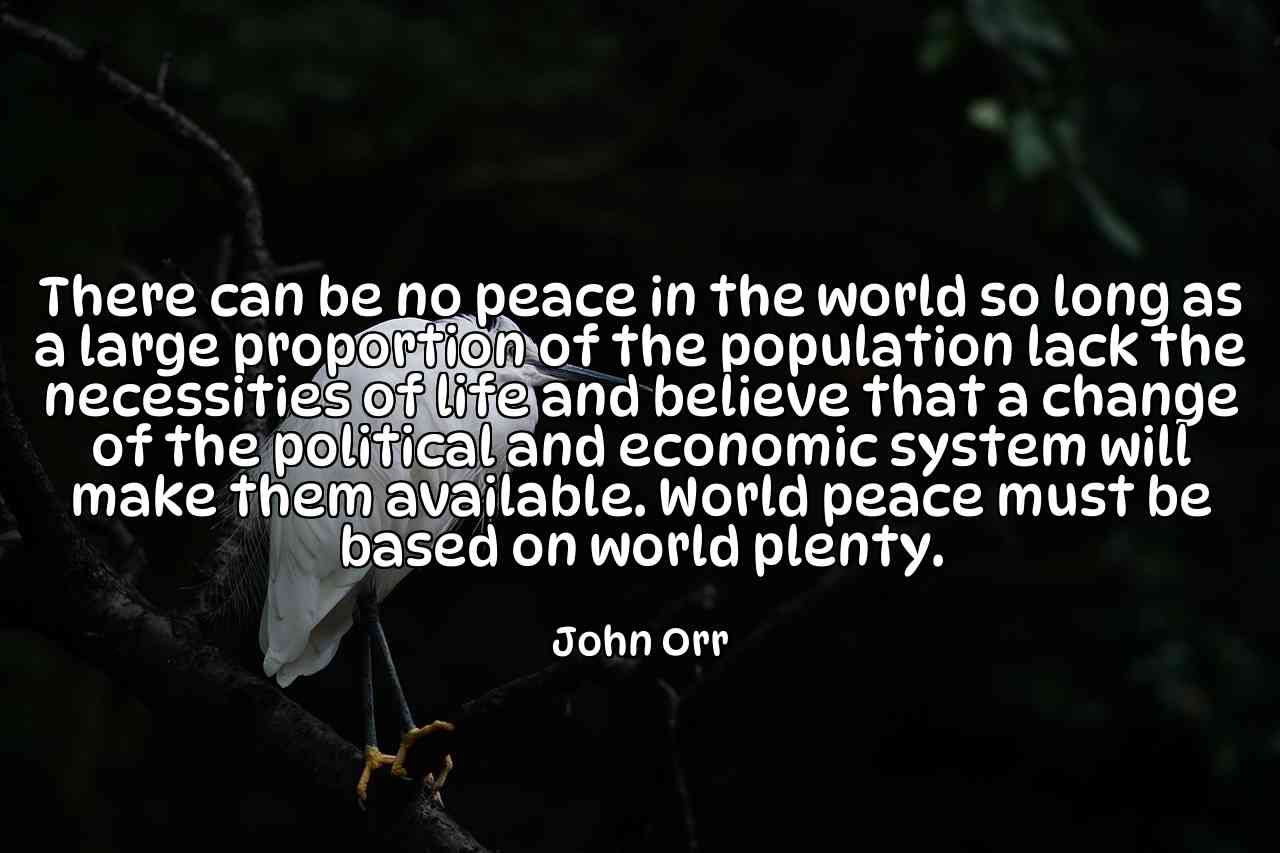 There can be no peace in the world so long as a large proportion of the population lack the necessities of life and believe that a change of the political and economic system will make them available. World peace must be based on world plenty. - John Orr