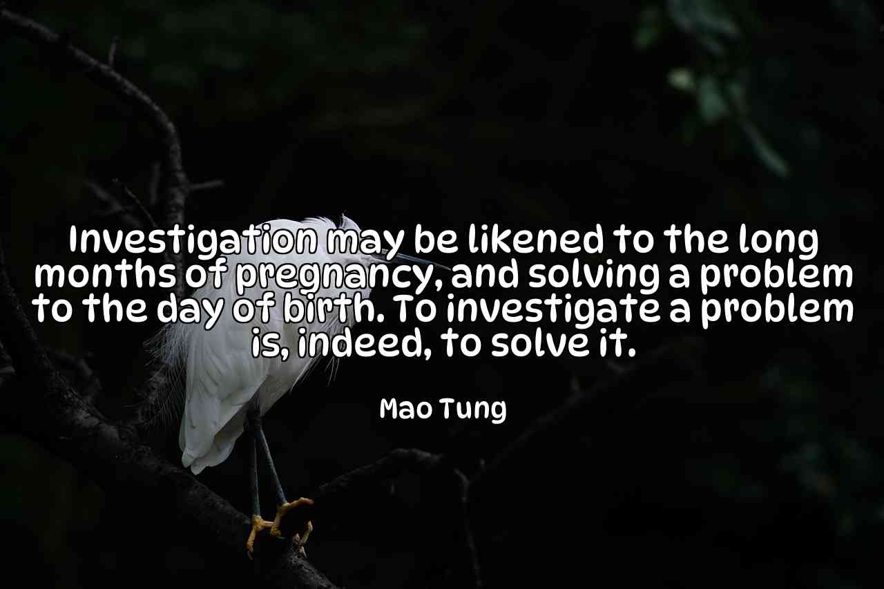 Investigation may be likened to the long months of pregnancy, and solving a problem to the day of birth. To investigate a problem is, indeed, to solve it. - Mao Tung