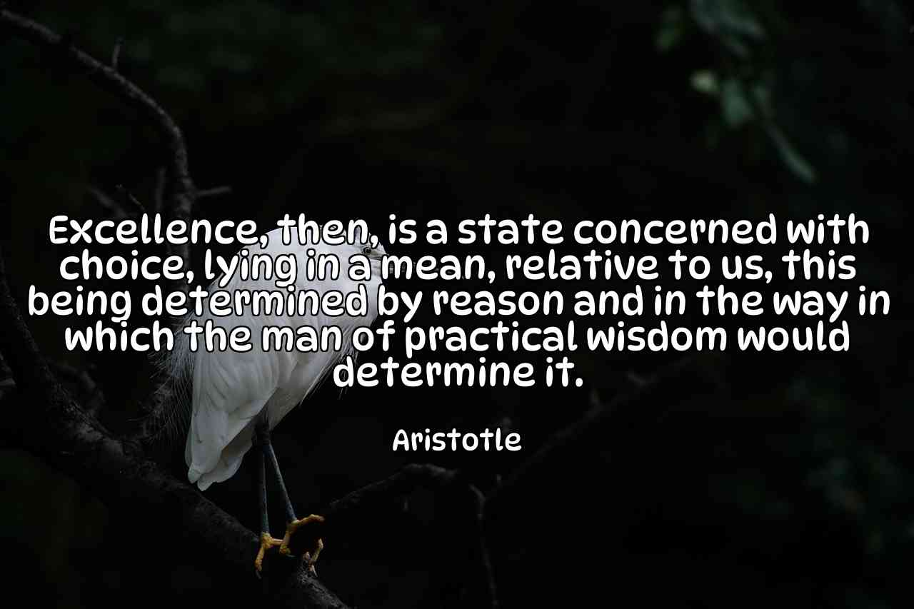 Excellence, then, is a state concerned with choice, lying in a mean, relative to us, this being determined by reason and in the way in which the man of practical wisdom would determine it. - Aristotle