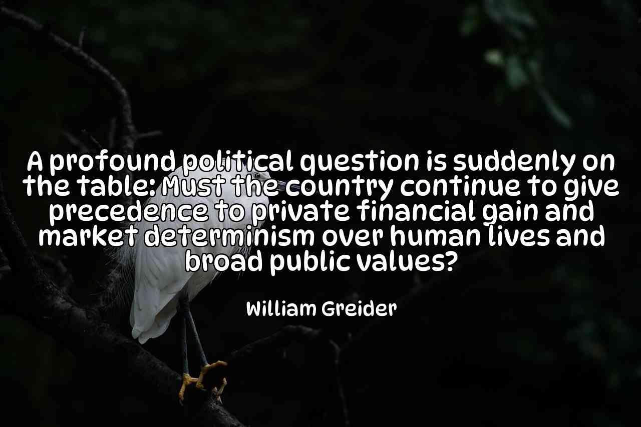 A profound political question is suddenly on the table: Must the country continue to give precedence to private financial gain and market determinism over human lives and broad public values? - William Greider