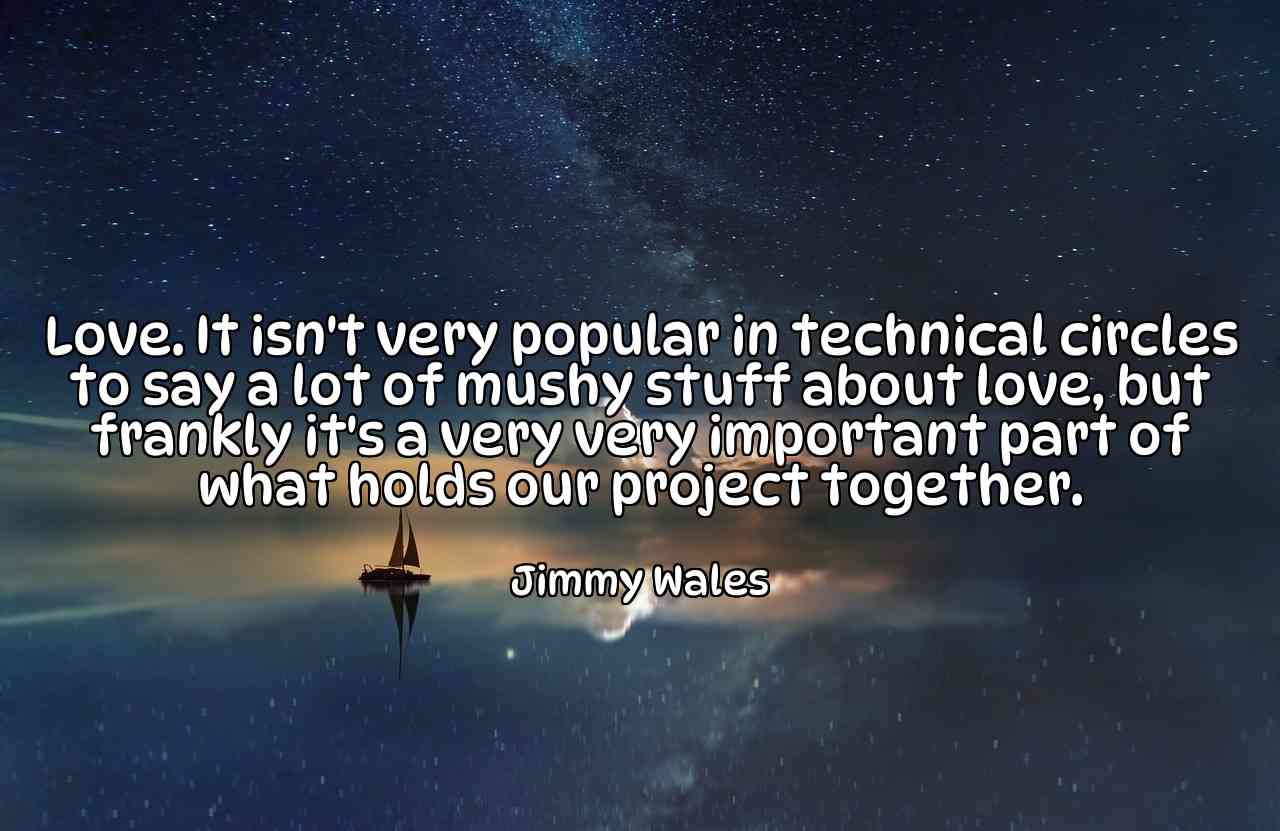 Love. It isn't very popular in technical circles to say a lot of mushy stuff about love, but frankly it's a very very important part of what holds our project together. - Jimmy Wales